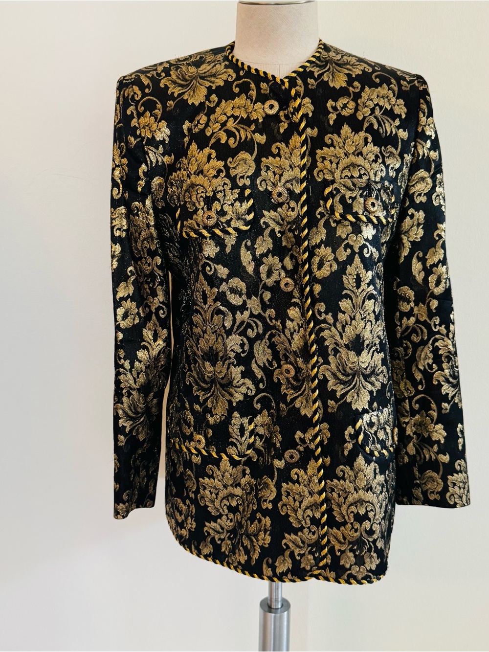 Evan Picone Black & Gold Brocade Collarless Jacket